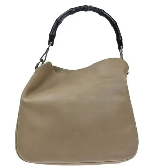 GUCCI GG Logo 2Way Shoulder Hand Bag Bamboo Leather Beige SHW 68TA208